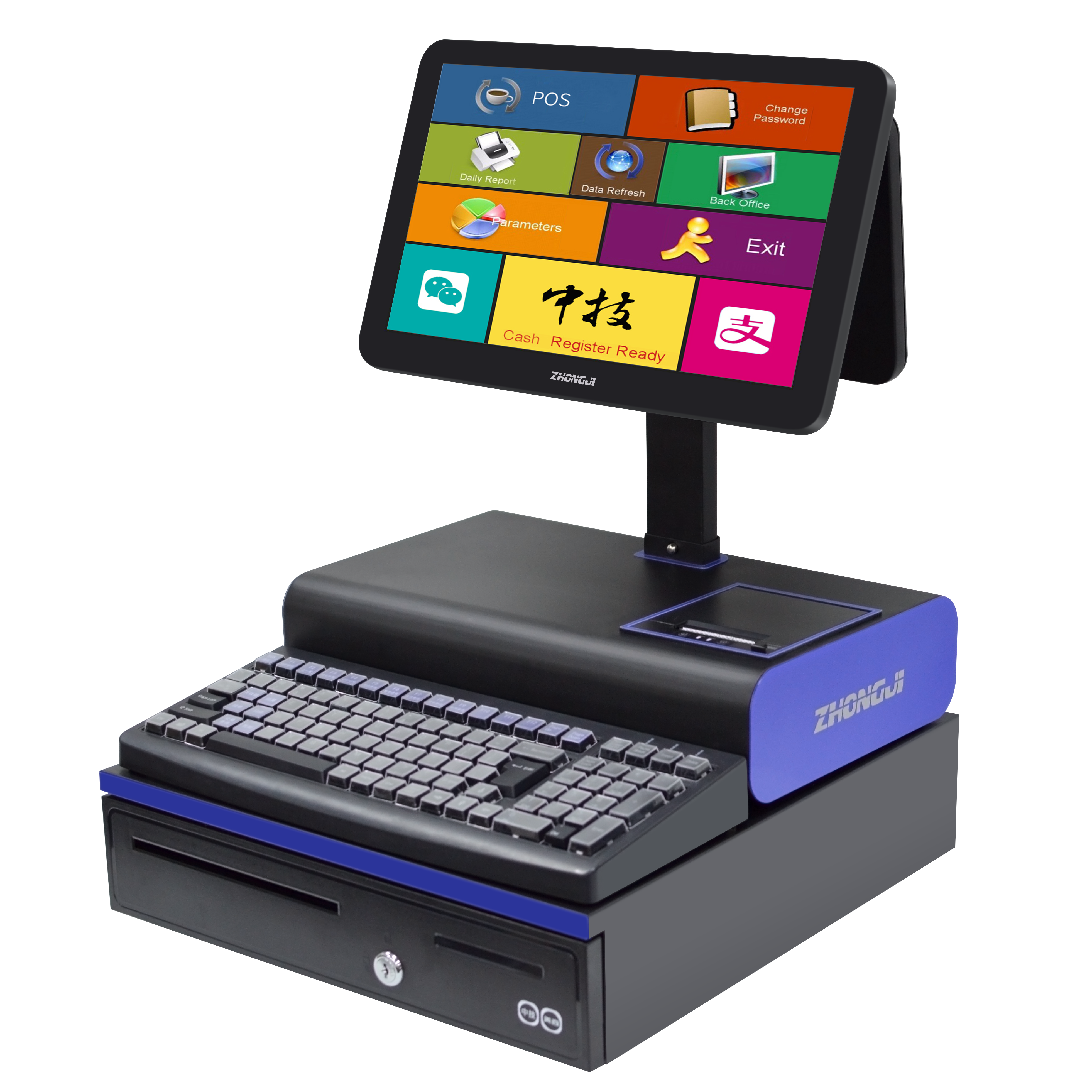 ZHONGJI® A10D POS System Dual Screen Built-in 58mm Printer Cash Box Design PC Machine for Supermarkets/Retail