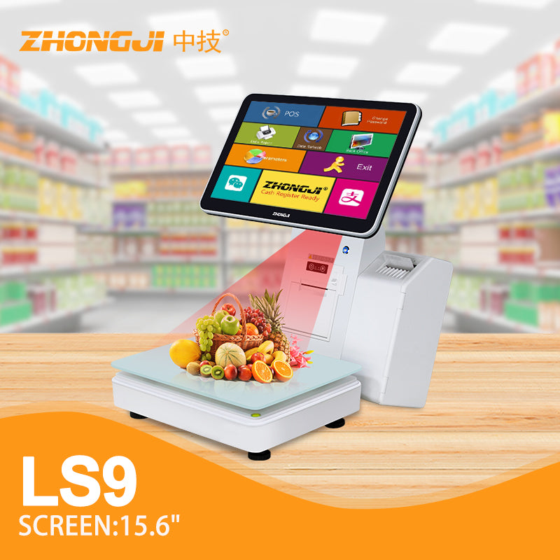 ZHONGJI® LS9 Cash Register 15.6-inch Touch Screen Side-Mounted Label Printer PC Machine for Supermarket/Fruit Store