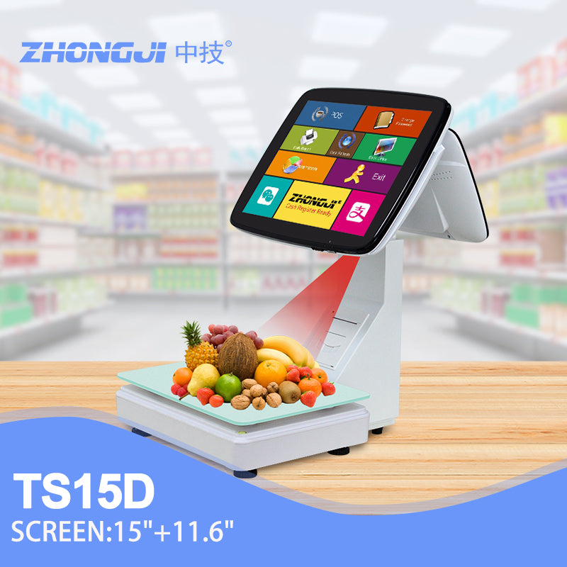 ZHONGJI® TS15D Cash Register Dual Touch Screen Built-in 58mm Printer Intelligent Weighing PC Machine for Supermarket/Vegetable Market