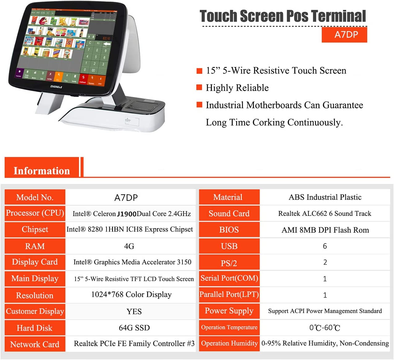 ZHONGJI® A7 Set-Double Touch Screen All-in-one POS Cash Register 